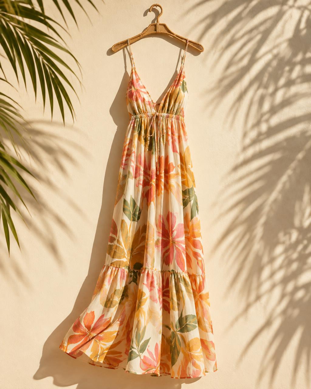 Floral beach dress hanging against a sunlit wall