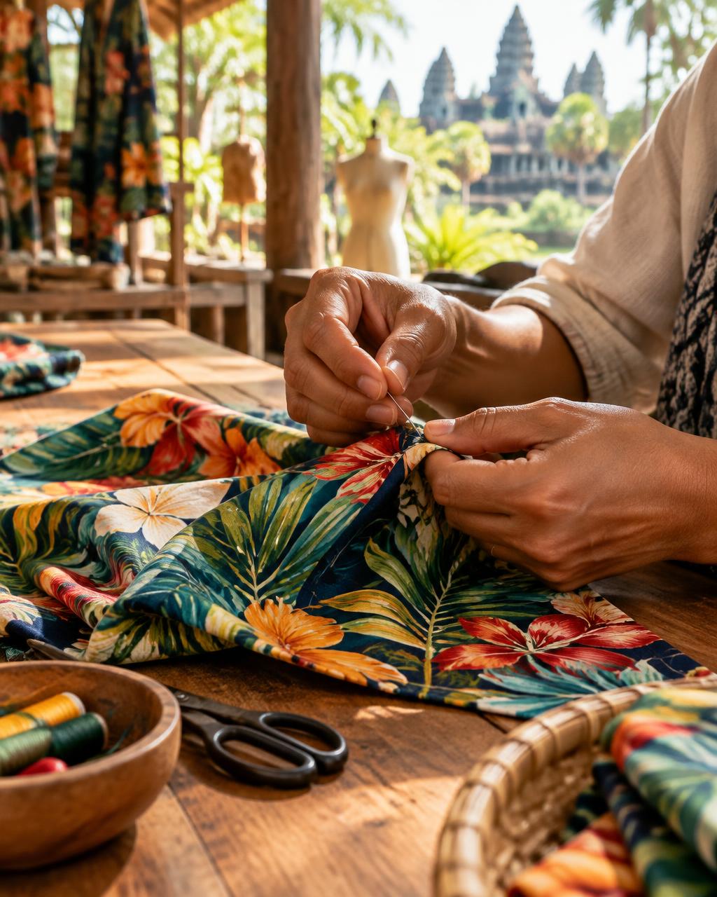 Hands sewing tropical print fabric in a sunny workshop